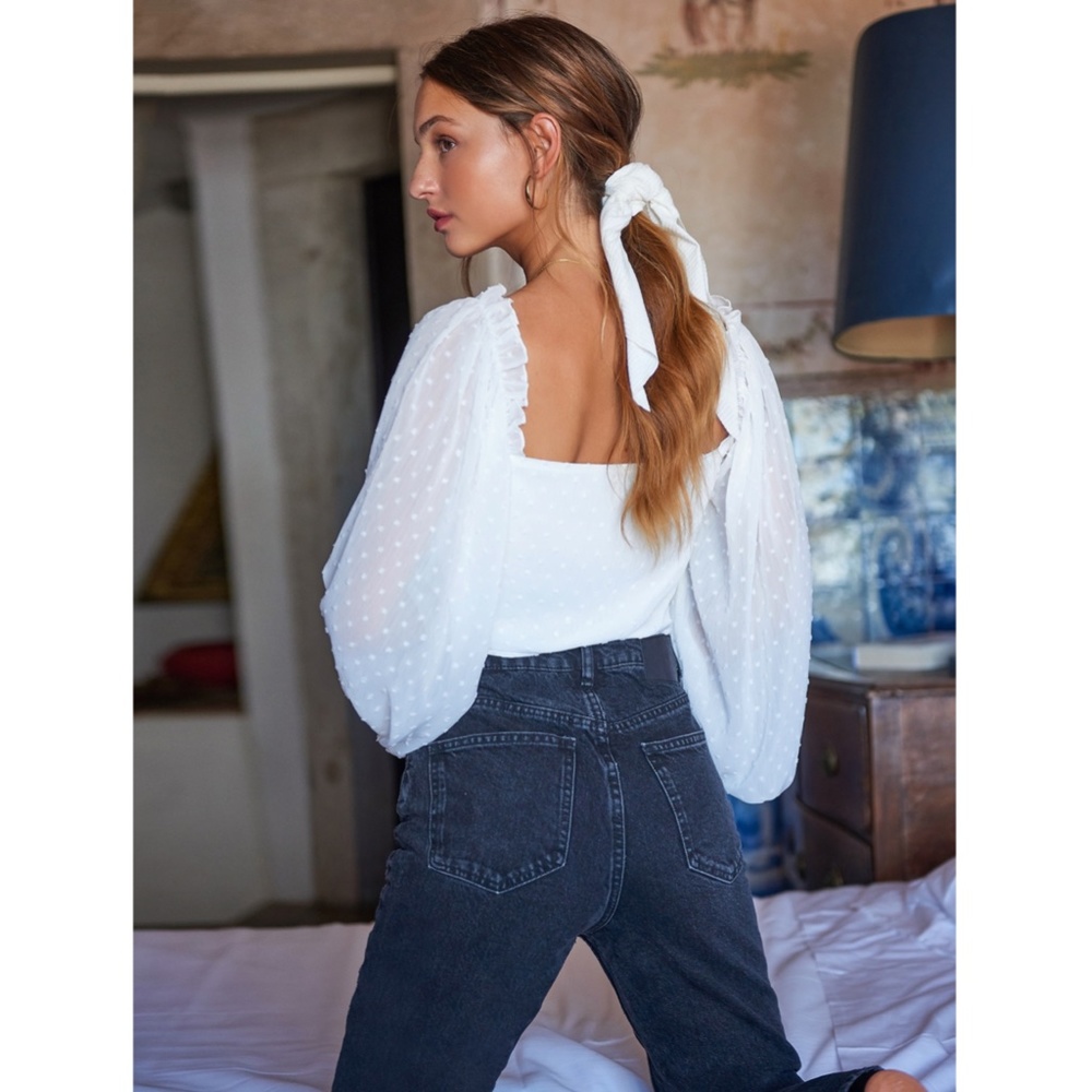 White Swiss Dot Sheer Sleeve Crop Blouse Top - Picture 2 of 11